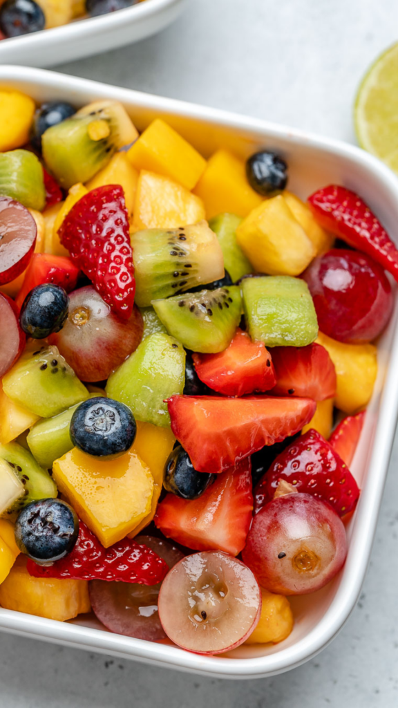 fruit salad with honey lime basil drizzle