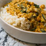 vegan chickpea curry with zucchini kale and chickpeas
